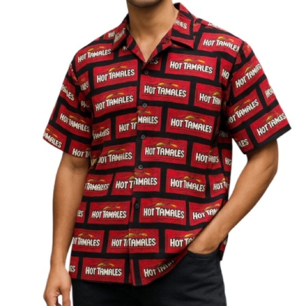 VINTAGE Hot Tamales Men’s Print Shirt Short Sleeve Camp Collar Resort Size L